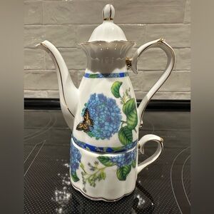Vintage Porcelain Teapot & Cup - hydrangea and butterfly design